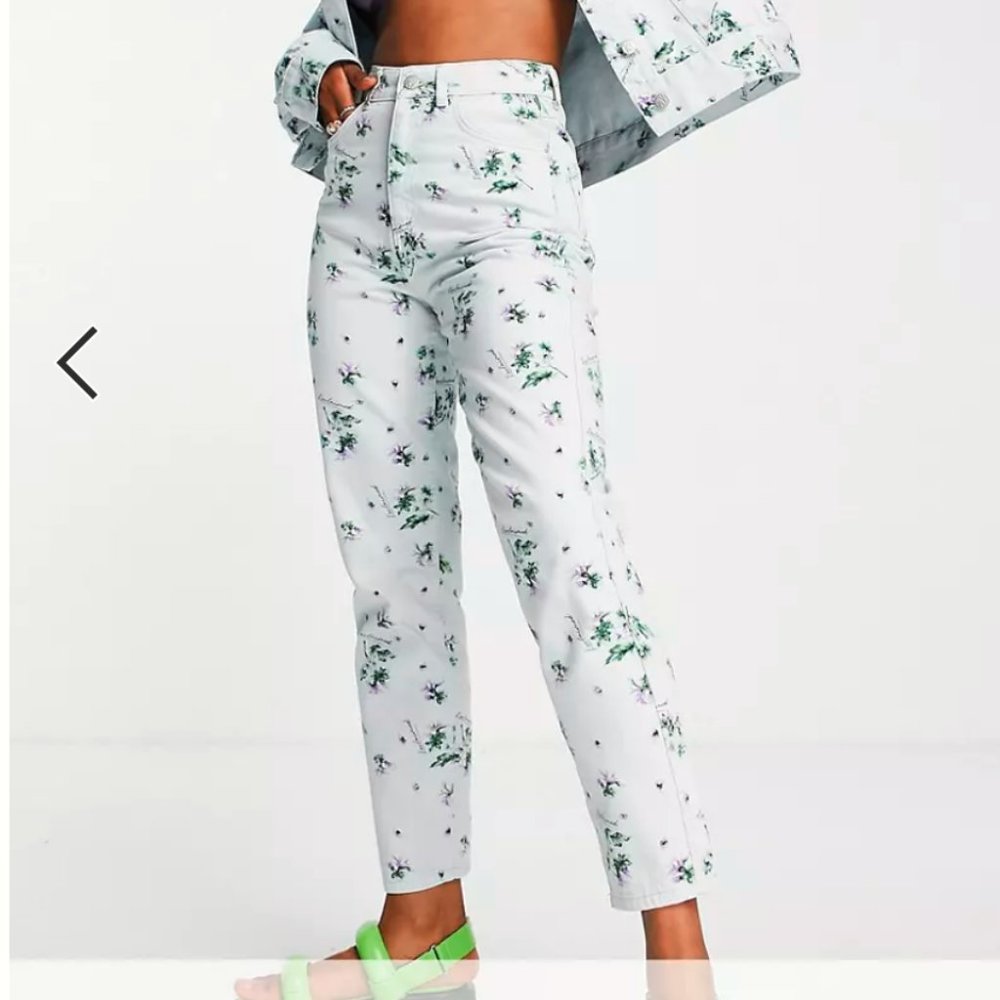 CAMBRIDGE New MOM Jeans Floral Print Ivory Blue Denim 100% Cotton NWT Womens